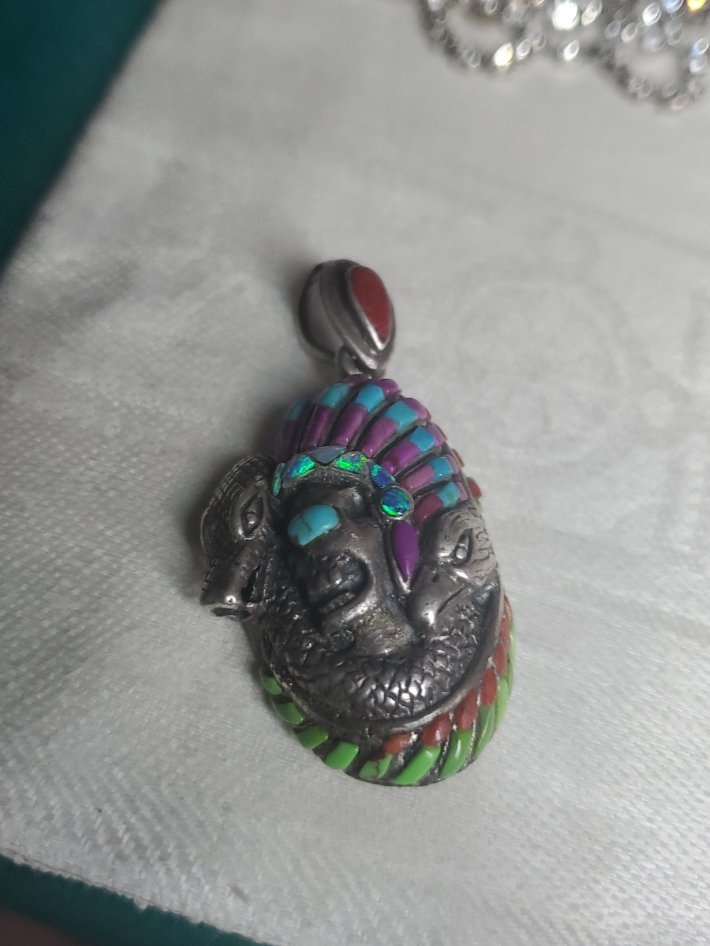 Sterling Silver Multi-Color Tribal  Pendant Cheif Indian With Snake and Eagle